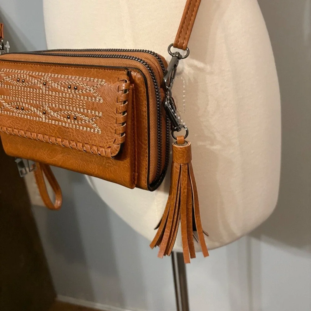 Sam & Hadley Cognac Brown‎ Vegan Leather Embroidered Beaded Crossbody Bag